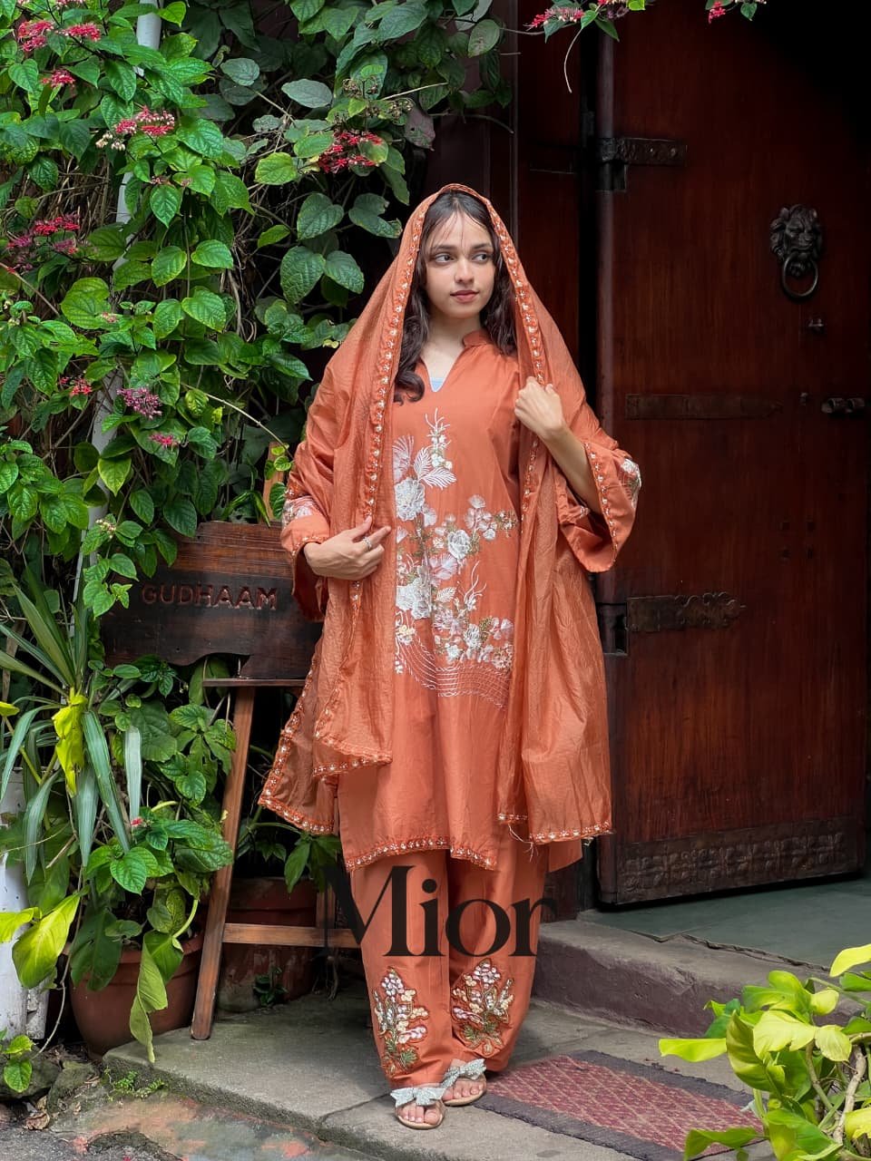 Peach Floral Embroidered Anarkali Suit with Dupatta
