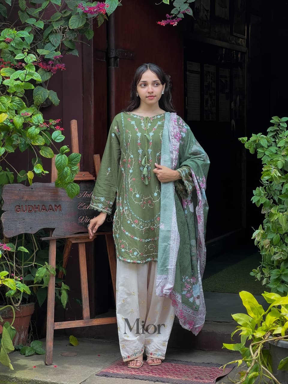 Olive Green Printed Kurta Set with Floral Dupatta