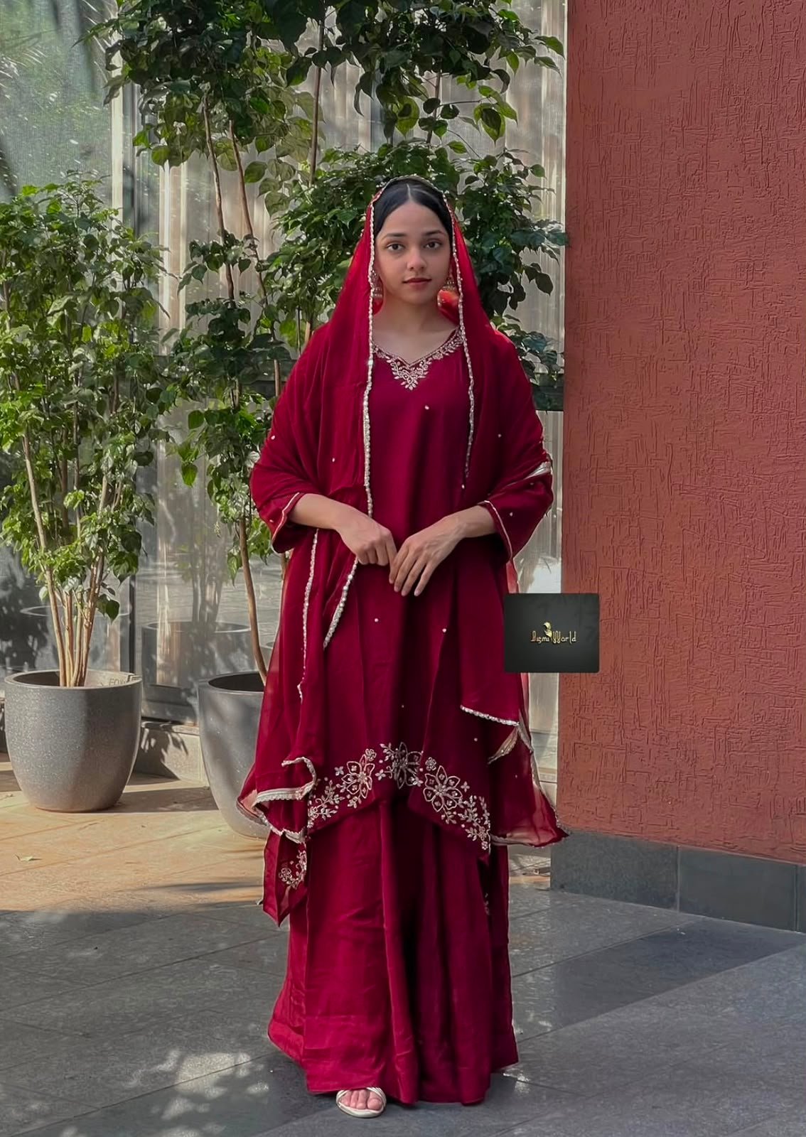 Maroon Embroidered Sharara Suit Set with Dupatta